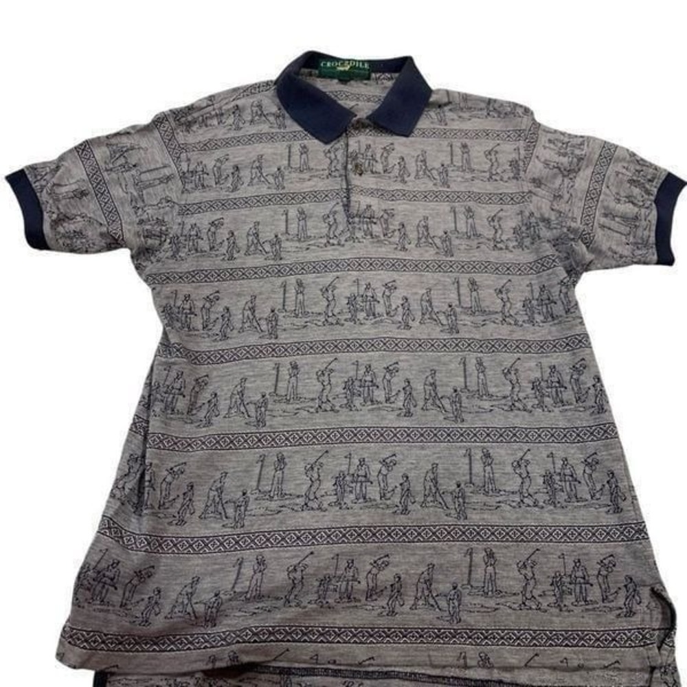 Crocodile‎ Men's Polo Shirt Golf Swings Graphic Design Grey Black Men's Large
